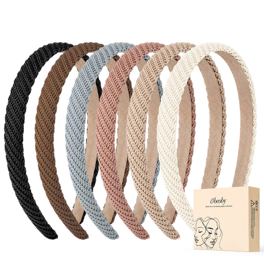 obeoby 6 Pack Trendy Headbands for Thicker Hair, Non Slip 0.6 inch Thin Knitted Hairbands Assorted Colors for Girls Summer Dress Outfit