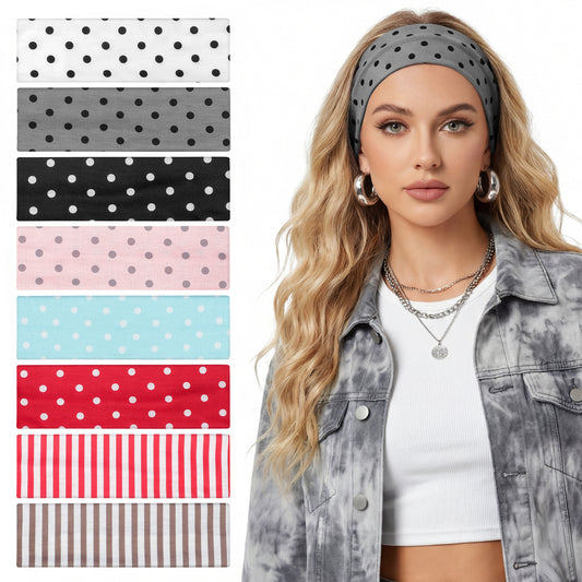 obeoby 8 Pack Polka Dot Headband for Women Y2k Outfits, Non Slip Stripe Hairbands Trendy Head Bands for Women's Hair