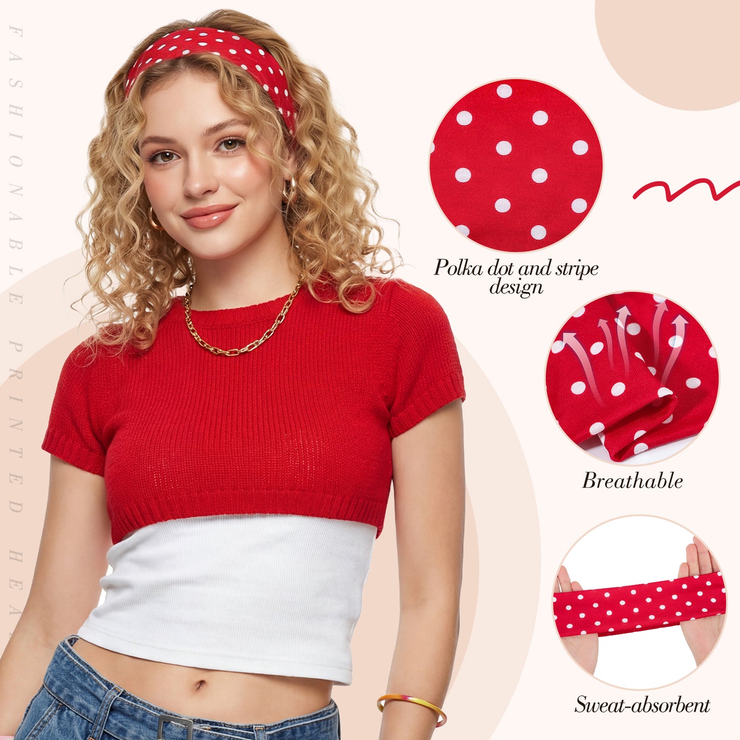 obeoby 8 Pack Polka Dot Headband for Women Y2k Outfits, Non Slip Stripe Hairbands Trendy Head Bands for Women's Hair