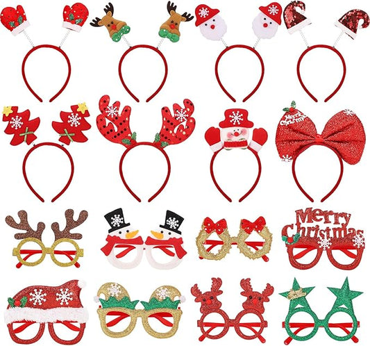 obeoby 16Pcs Christmas Headbands Glasses Set, Holiday Christmas Headband for Adults Party Favors for Holiday Photos